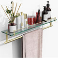 24-Inch Towel Rack with Shelf -Tempered Glass Bathroom Shelf with Towel Bar - Brushed Gold Modern Stainless Steel, Wall Mount Rustproof Tower Holder