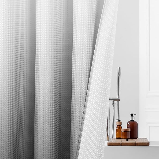 MitoVilla No Hooks Needed Grey Ombre Waffle Shower Curtain Liner Set, Modern Waffle Weave Heavy Duty Fabric Cloth Shower Curtain with Snap-in Liner for Luxury Neutral Hotel Spa Bathroom Decor, 72 x 74
