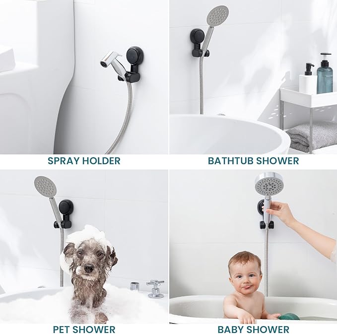 TAILI Shower Head Holder Suction Cup, Handheld Shower Head Bracket, Height Angle Adjustable Wall Mounted, Bathroom Showerhead Holder No Drilling Removable Waterproof, Black