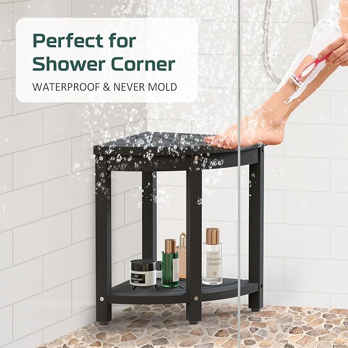 Waterproof Corner Shower Stool for Inside Shower, Poly Lumber Shower Bench Seat Chair, Bath Shower Stool for Shaving Legs Foot Rest with Storage Shelf, Adjustable & Non-Slip Feet, Black
