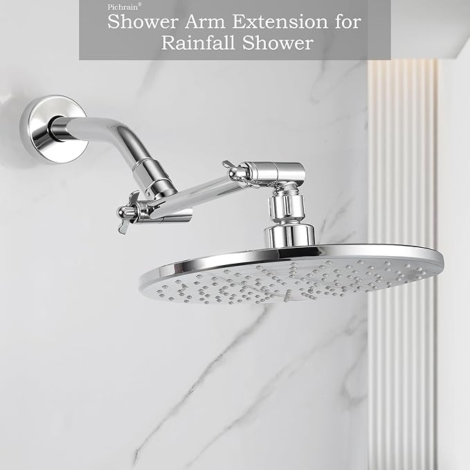 6 Inch Adjustable Shower Head Extension Arm, All-Metal Shower Arm Extender with Locking Set Screw for Rainfall, Fixed, Handheld Showerheads, G1/2 Universal Thread, Easy Installation, Chrome