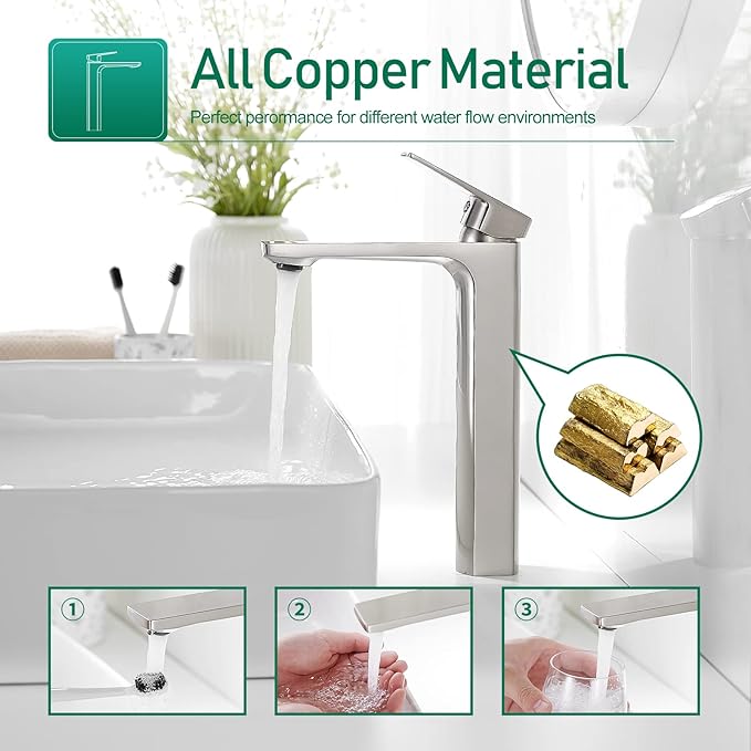 VOTON Brushed Nickel Vessel Sink Faucet Single Handle Tall Bathroom Sink Faucet Vanity Bathroom Faucet Basin Mixer Tap with Water Supply Hose and Pop Up Sink Drain