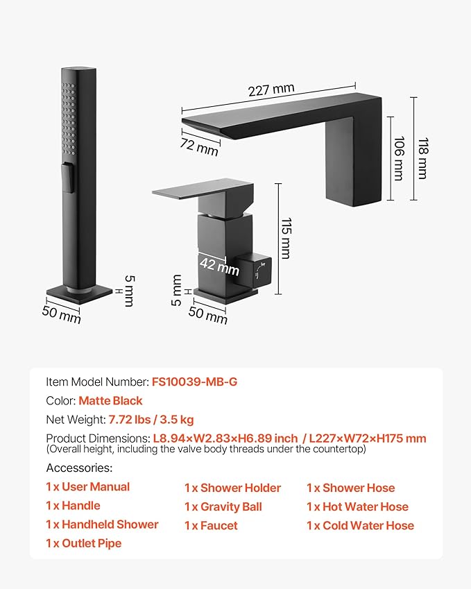 VEVOR Roman Tub Faucet, 3 Hole Waterfall Bathtub Faucet, Roman Bathtub Faucets Set with Shower Head & 1 Handle, Romans Bathtub Faucets for Pet Washing, Adult Bathing, Matte Black, Stainless Steel