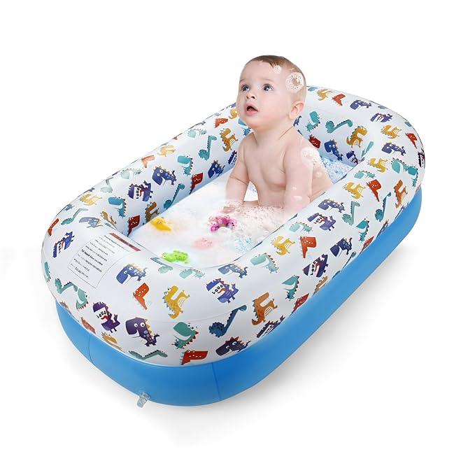 PandaEar Inflatable Dinosaur Baby Bathtub, Foldable Baby Infant Bath Tub Toddler Bathtub with Air Pump, Portable Travel Non-Slip Shower Basin Mini Air Swimming Pool for Newborn (Blue)