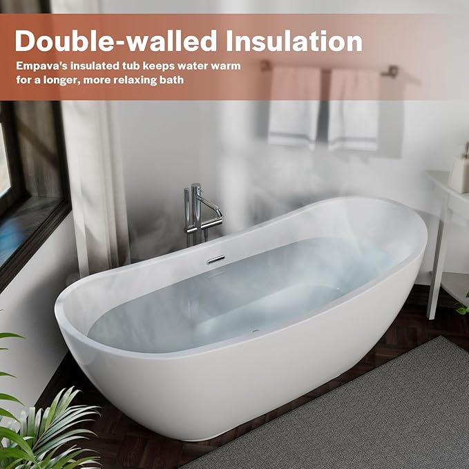 Empava 69" Freestanding Tub, Acrylic Contemporary Soaking White Tub with Drain and Overflow