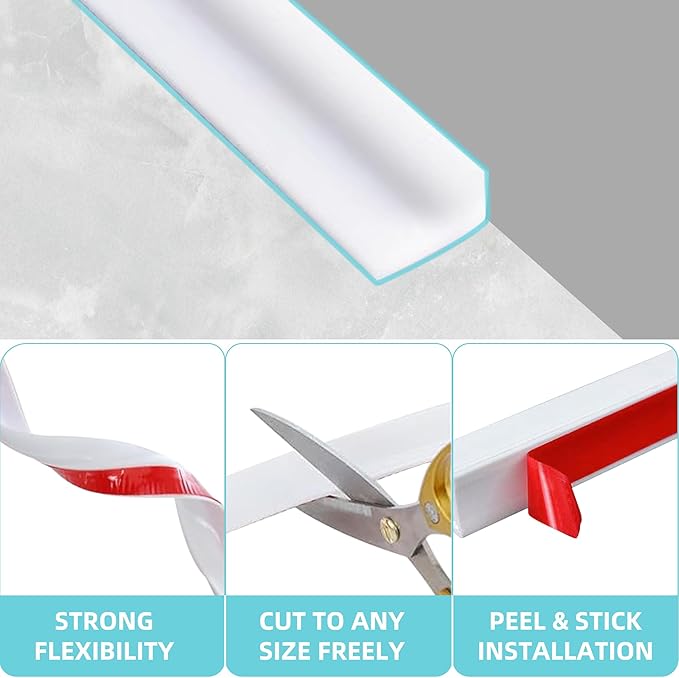 Shower Threshold Water Dam,Walk in Shower Water Guard, Shower Dam Water Barrier Bathroom Sink Splash for Dry And Wet Separation Caulk Seal Strip Edge Trim (39Inch, White)