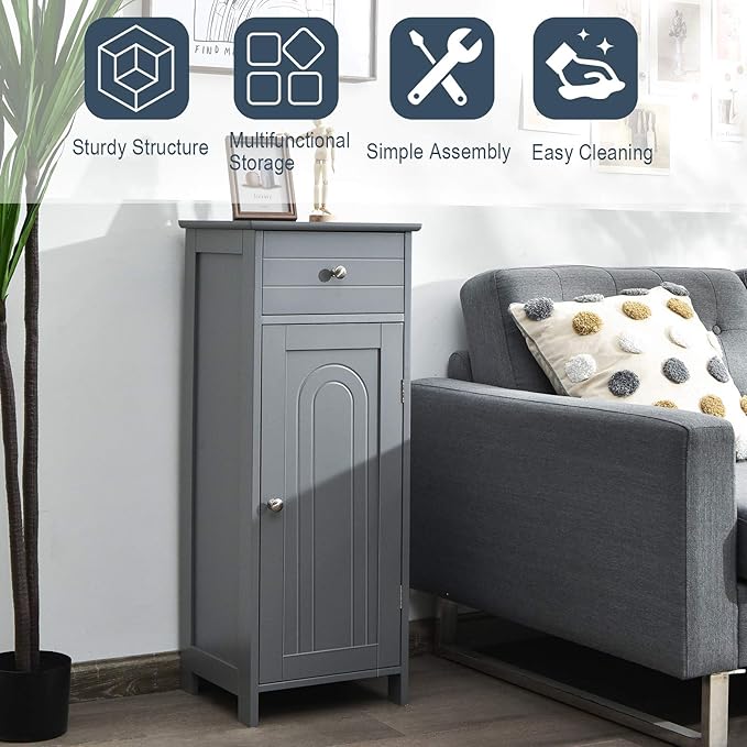 DORTALA Bathroom Floor Cabinet, Free-Standing Wooden Floor Storage Cabinet w/Large Drawer & 2 Adjustable Shelves, Morden Side Storage Bathroom Organizer Cabinet for Living Room, Grey