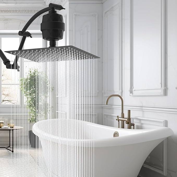 Hibbent All Metal Rain Filtered Shower Head, 12'' High Pressure Rainfall Showerhead with 16" Shower Extension Arm, 20 Stage Shower Filter, Solid Brass Adjustable Shower Arm Extender, Matte Black