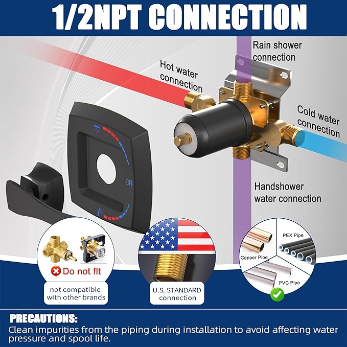 2 Way Shower Diverter Pressure Balance Mixing Valve with Single Handle Matte Black Shower Trim Kit, Dual-Function Shower Control Brass Rough-In Mixer 1/2" NPT Connection