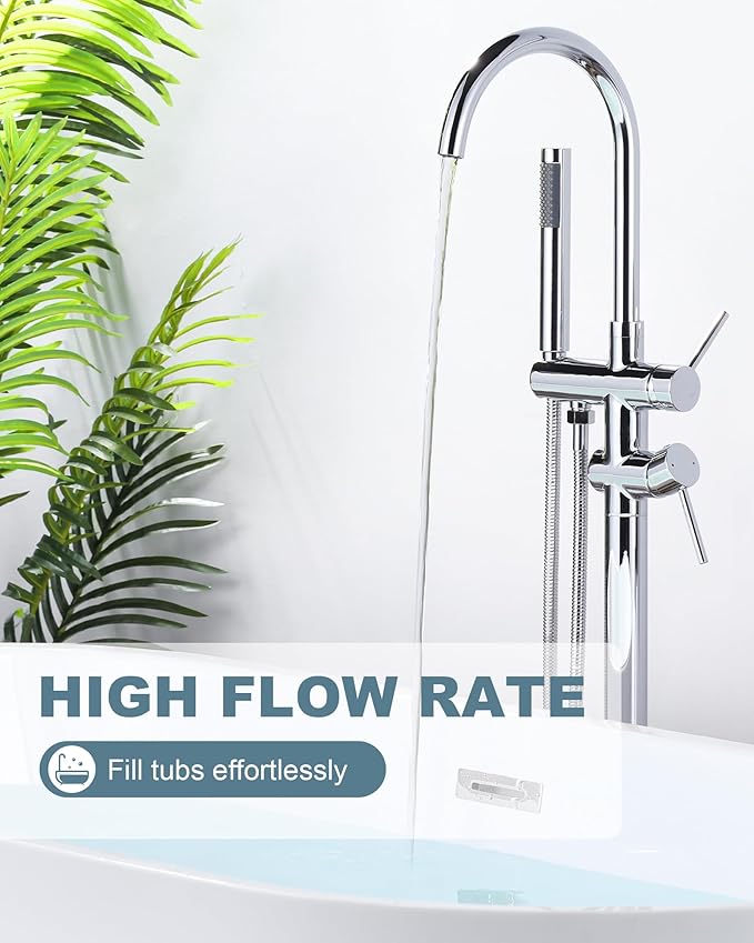 Freestanding Tub Filler Faucet Chrome: High Flow Brass Floor Mount Bathtub Filler, Swivel Gooseneck Spout with Single Handheld Sprayer for Bathroom Shower