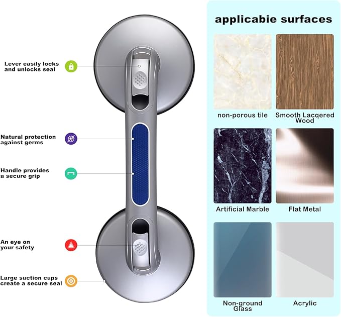New Shower Handle Shower Grab Bars for Bathtubs and Showers,Strong Hold Suction Cup Grip Grab,Bath Handle for Handicap Elderly Seniors Bathroom Safety Grab Bar（Silver Blue）