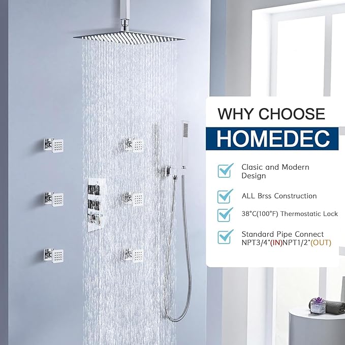 HOMEDEC Brass 3 Way Shower Diverter Valve, Thermostatic 3 Handle Control Shower Mixing Valve Trim Kit Replacement, Rough In, Chrome