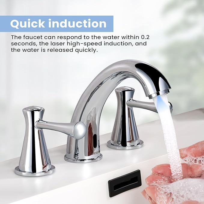 Touchless Bathroom Faucet for 3 Holes 3 Handles, Controlling Temperature & Adjustable Water Flow, Short & Long Induction Modes, Auto Motion Sensor Bathroom Faucet Set (29183 Chromed)