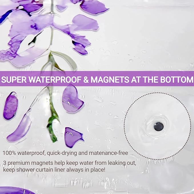 Clear Purple Floral Lavender Butterfly Shower Curtain, Plastic Transparent Cute Pretty Flower Decorative Aesthetic Shower Curtains for Bathroom, 72x78 Weighted Magnetic Shower Curtain Liner with Hooks