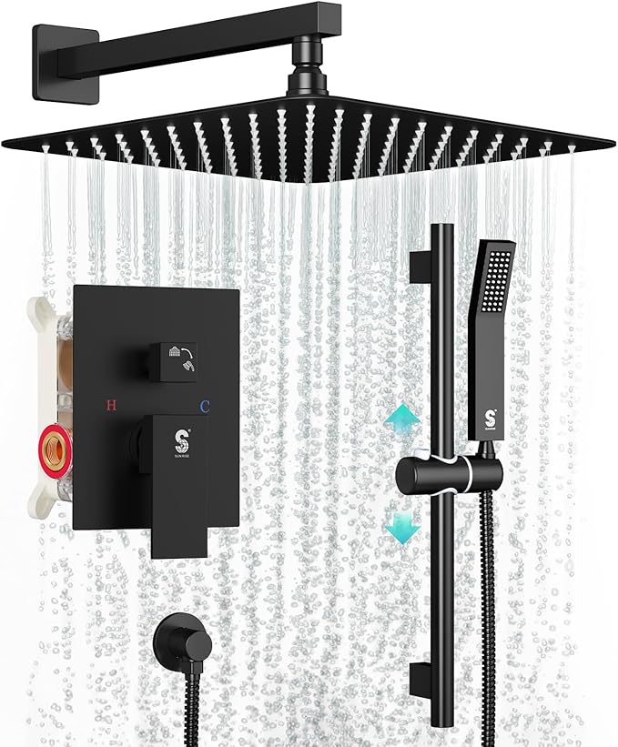 SR SUN RISE 10 Inch Slide Bar Shower Faucet Luxury High Pressure Shower Heads and Handheld Spray Combo Set Wall Mounted Shower System Included Valve and Trim Kit, Matte Black