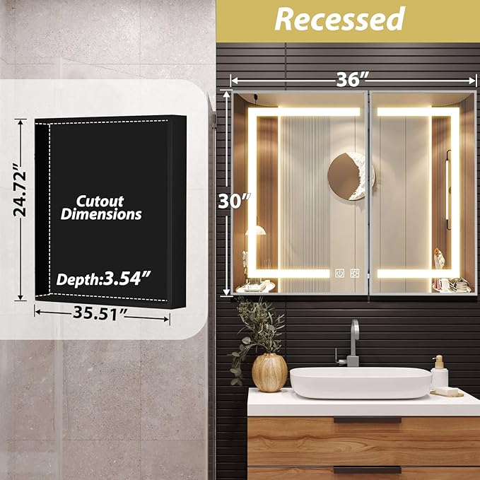 APRILSOUL 36X30 Inch Silver Bathroom Medicine Cabinet with Mirror, Recessed or Surface Lighted Medicine Cabinet with 3 Colors Temperature, Dimmable Light