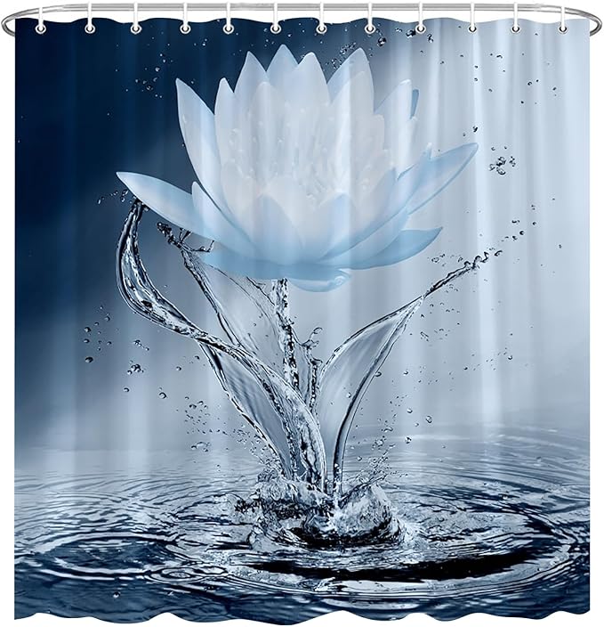 Lotus Shower Curtain Blue Flower Elegant Blooming Floral with Dew Spring Flower Reflection on Water Modern Romantic Polyester Fabric Bathroom Decor 36×70 Inch with Hook