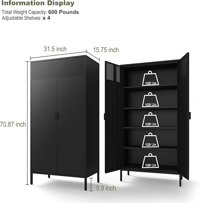 COFaR 5 Tier Black Metal Storage Cabinet, Free Standing with 2 Doors, 4 Adjustable Shelves and Legs, Cupboard Metal Cabinet for Living Room, Kitchen, Dining Room, Office