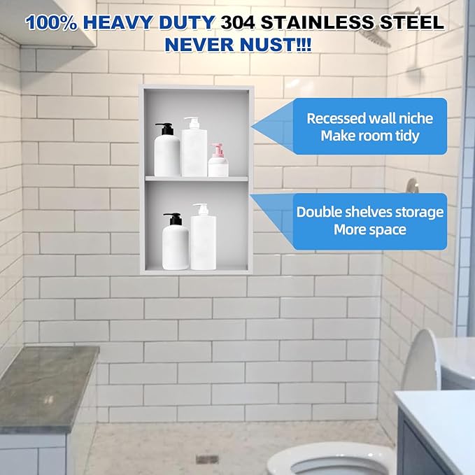 304 Stainless Steel Shower Niche Insert-24 x 12" No Tile Needed Bathroom Niche for Shower Wall-Double Shelves Built in Shower Shelf-Waterproof Recessed Cabinet for Bathroom Living Room Study Kitchen
