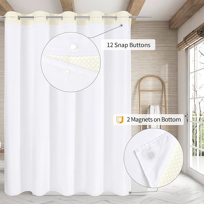 MitoVilla No Hooks Needed Ivory Waffle Shower Curtain Liner Set, Modern Waffle Weave Heavy Duty Fabric Cloth Shower Curtain with Snap-in Liner for Luxury Neutral Hotel Spa Bathroom Decor