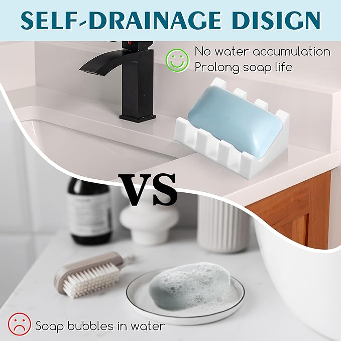 Silicone Soap Dish with Drain, Upgrade Double Suction Cups at The Bottom for Anti-Slip and Stability, Soap Dish Shower Waterfall Bar Soap Holder Tray with Drain Soap Holder (3, White)