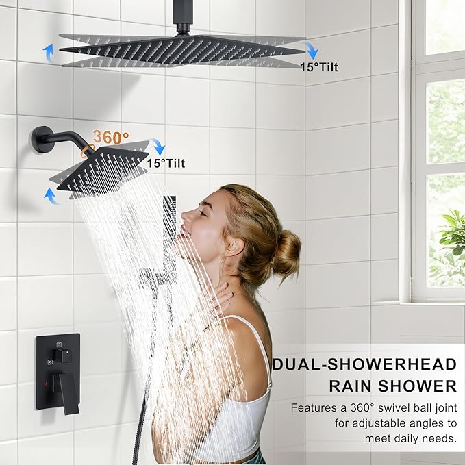 Shower Faucet Set, Ceiling Mount Shower System 12-inch & 6-inch Dual Shower Head Set with 2 in 1 Handheld Spray Rain Shower Faucet Head with Rough-in Valve and Shower Trim Kit, Matte Black