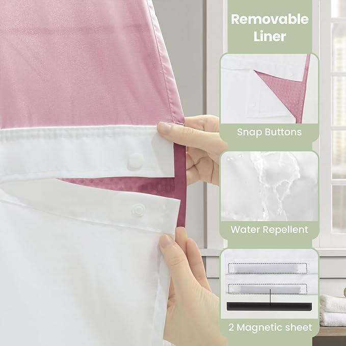 Inhousolu No Hook Shower Curtain with Snap in Fabric Liner Set Waffle Weave 230GSM Weighted Hem, Waterproof & Washable Bathroom Curtain Spa Luxury with Mesh Top Window 72" W x 72" L Pink