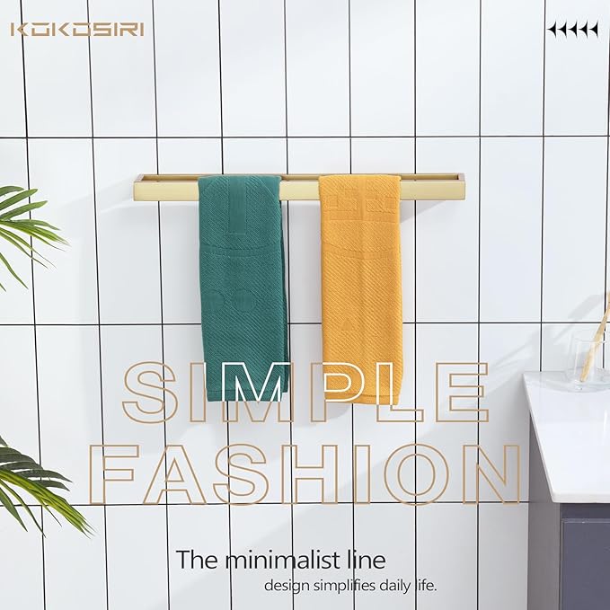 KOKOSIRI Towel Bar Brushed Gold Bath Towel Holder 24 Inch Kitchen Towel Hanger Rack Stainless Steel Bathroom Hardware Wall Mounted, 1 Pack B4008BG-L24