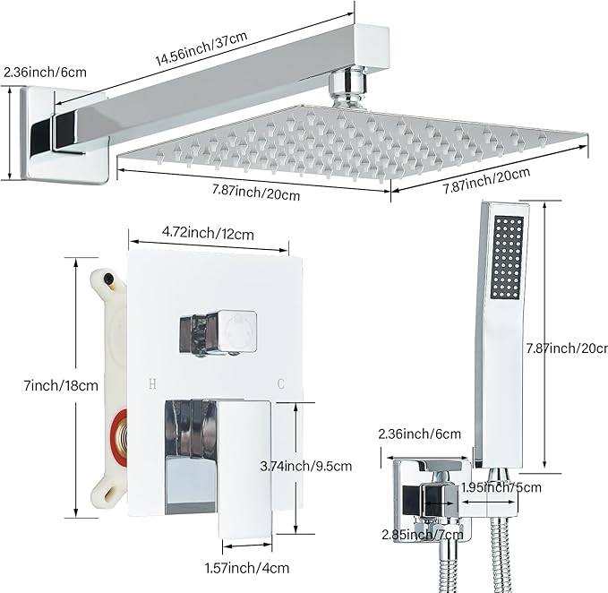 Shower Faucet Polished Chrome Shower System with 8 Inches Rain Shower Head and Handheld Spray Bathroom Luxury Rain Shower Faucet Set Complete Wall Mounted