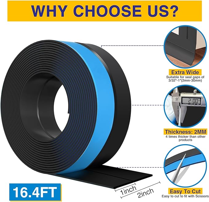 Weather Stripping 16.4FT(L) x 2in(W) Door Draft Stopper Silicone Seal Strip for House and Glass Shower, Door Sweep for Collision and Gaps of Doors and Windows, Weatherproof Soundproof (Black)