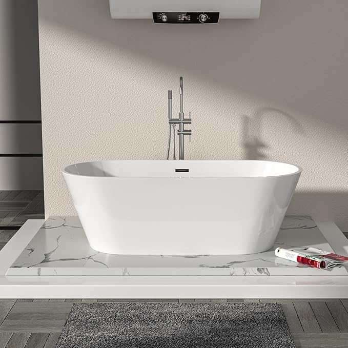 Logmey 67 Inch White Acrylic Freestanding Bathtub Oval Shape Soaking Tub with Black Drain & Overflow Assembly for Classic and Modern Bathrooms