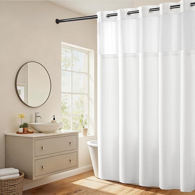 River Dream Heavyweight No Hooks Required Dotted Waffle Weave Shower Curtain with Snap in Liner - 71W x 80H,Hotel Grade,Spa Like Bath Curtain,White