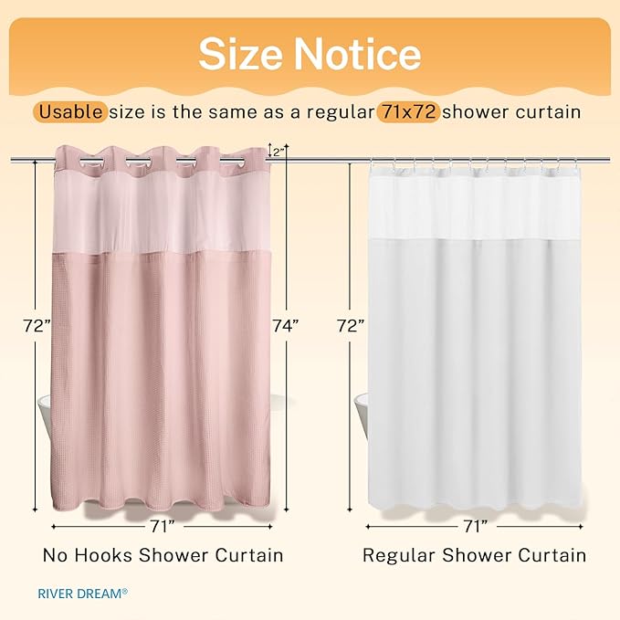 River Dream No Hooks Required Dotted Pink Shower Curtain with Snap in Liner - 71" W x 74" H,Hotel Grade,Spa Like Bath Curtain