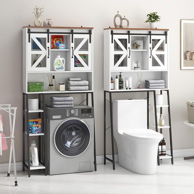 Vabches Over The Toilet Storage Cabinet, Farmhouse Storage Cabinet Over Toilet with Sliding Barn Door，Home Space-Saving Toilet Rack, for Bathroom, Restroom, Laundry White