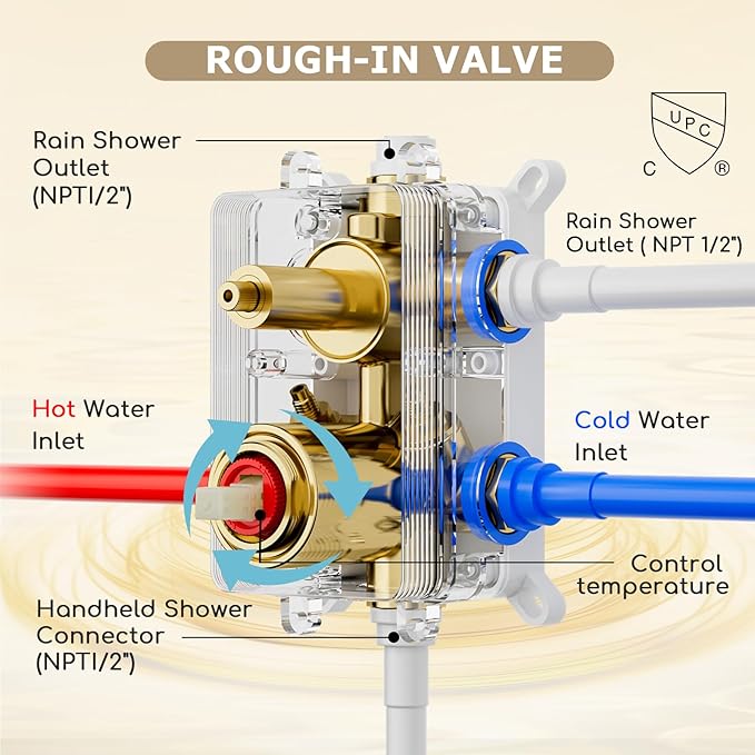Dual Shower System Brushed Gold,Five Functions Knob Diverter Rainfall Shower Faucet Set with 2 in 1 Handheld Spray,12'' Ceiling Mount and 6'' Wall Mount Rainfall Shower System