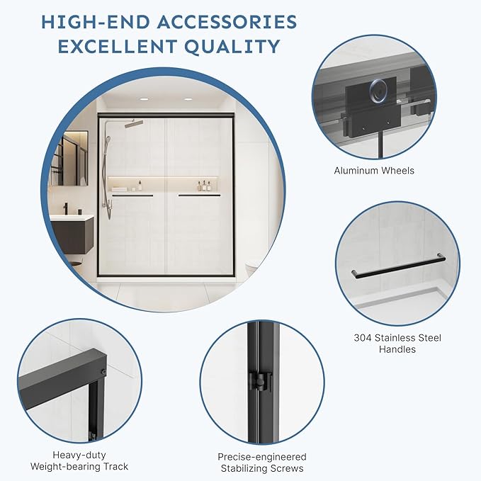 60" x 72" Frameless Sliding Shower Door, 6mm (1/4") Tempered Glass, Heavy-Duty 304 Stainless Steel Rollers & Handle, Adjustable 56-60" Width, No-Leak F-Type + Bubble Seals
