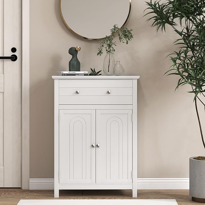 Giantex Bathroom Storage Cabinet with Drawer - Floor Cabinet with Doors, Adjustable Shelf, Storage Organizer for Entryway, Laundry Room, Kitchen, Living Room, Bedroom, Freestanding Cupboard (White)
