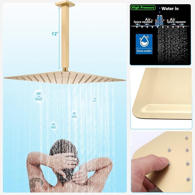 Enga Body Jets Shower System with On-Off Switch, 16 Inch Ceiling Rain Shower Head with Jets Shower Faucet Fixture Complete Set Brushed Gold