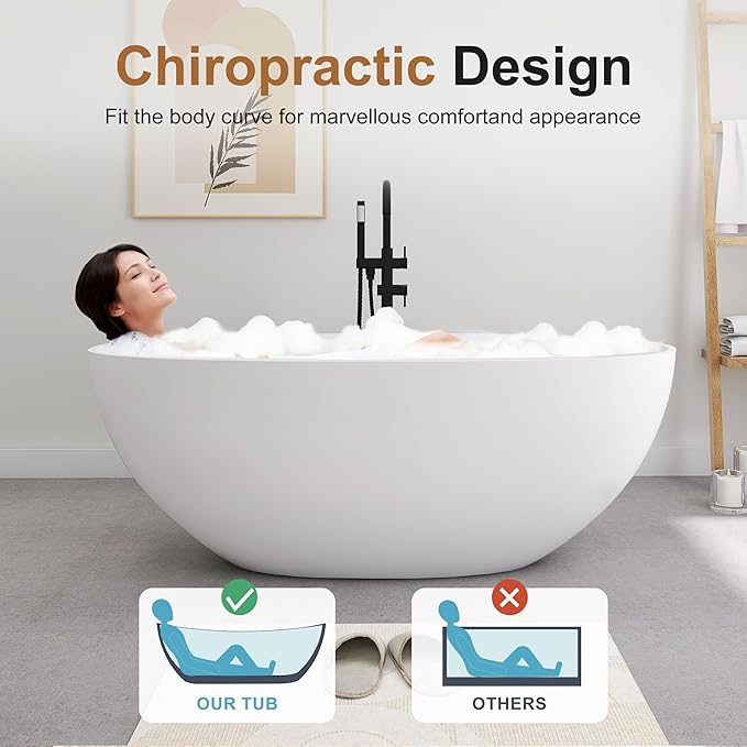 SJ STAR&JANE 61" Solid Surface Freestanding Bathtub, Oval Soaking Tub with Overflow and Pop-up Drain for Bathroom
