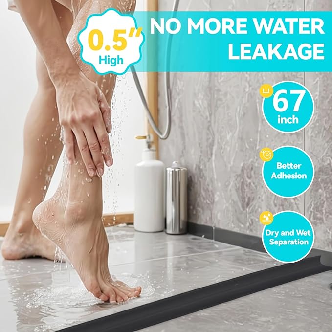 Shower Threshold Water Dam Barrier 67", Silicone Sealant Included, Collapsible Self-Adhesive Water Blocker, Shower Door Water Stopper for Floor Bathroom Kitchen Bathtub Sink