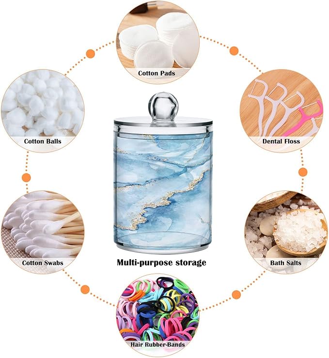 MNSRUU 2 Pack Qtip Holder Organizer Dispenser Sky Blue Marble Bathroom Storage Canister Cotton Ball Holder Bathroom Containers for Cotton Swabs/Pads/Floss