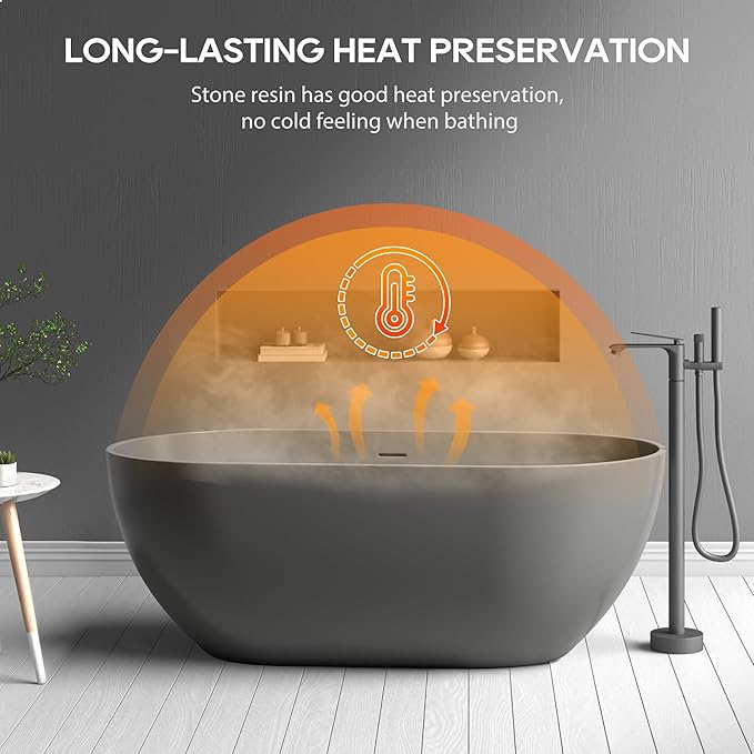 SJ STAR&JANE 59" Solid Surface Freestanding Bathtub Oval Stone Resin Soaking Tub Modern Stand Alone Tub with Overflow & Pop-up Drain for Bathrooms Dark Gray