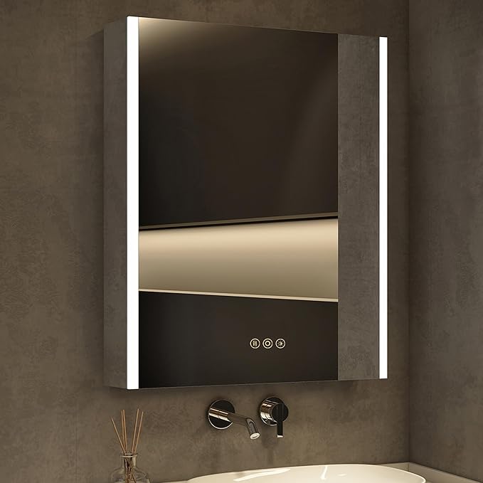 Medicine Cabinet with LED Lights and Mirror, 24 x 30 Inch Surface or Recessed Mounted Bathroom Cabinets with Door, Defogger, Memory Function, 3-Color Mode, Outlet&USB, Dimmer, Storage Shelf