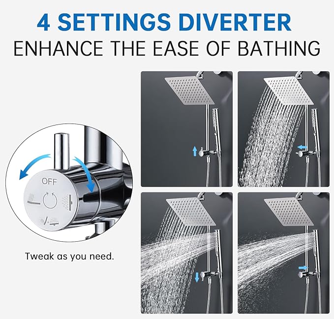 G-Promise All Metal Shower Diverter with Low Holder, Extended 13.5 Inch, 3-Way Diverter Valve with Pause Mode for Handheld and Fixed Shower Heads ∣ 4-Setting Replacement Part (Chrome)