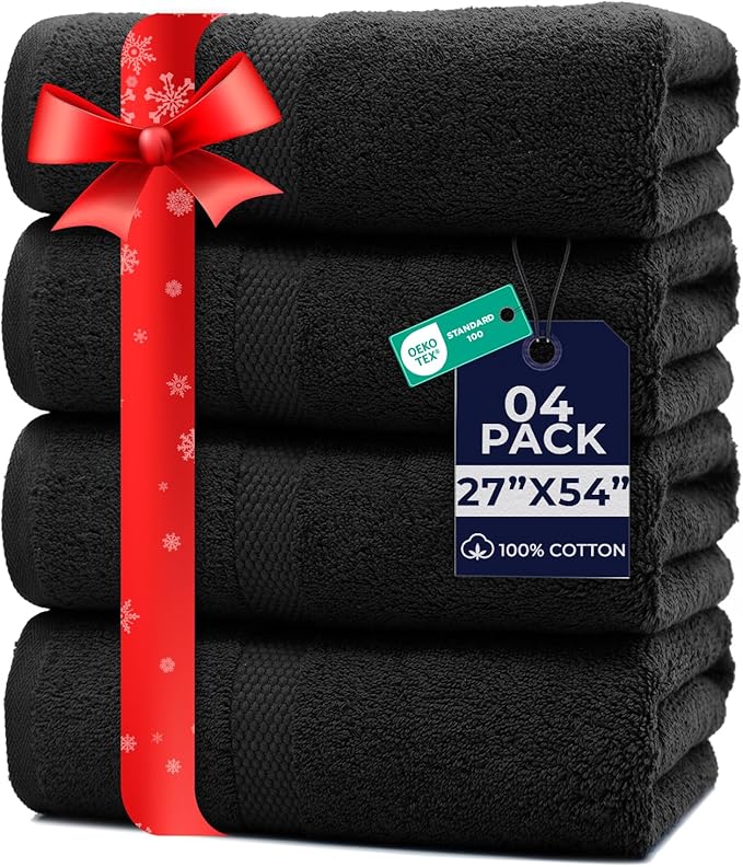 DAN RIVER Bath Towels Set of 4, 27 x 54 Inches, 100% Cotton, Larger & Lighter Weight, Quicker to Dry, Super Soft and Absorbent, Ideal Black Bath Towels for Daily Use