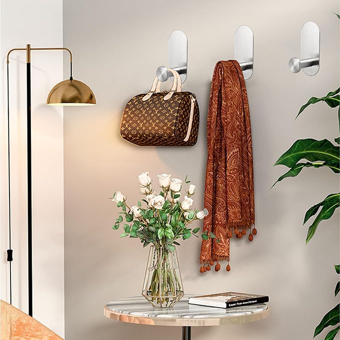 TocTen Adhesive Hook - 3 Pack Heavy Duty Sticky Towel/Robe Hook, Waterproof Stainless Steel Shower Hook, No Drill Stick on Wall Coat/Clothes Hooks for Bathroom, Kitchen, and Offices(Brushed Nickel)