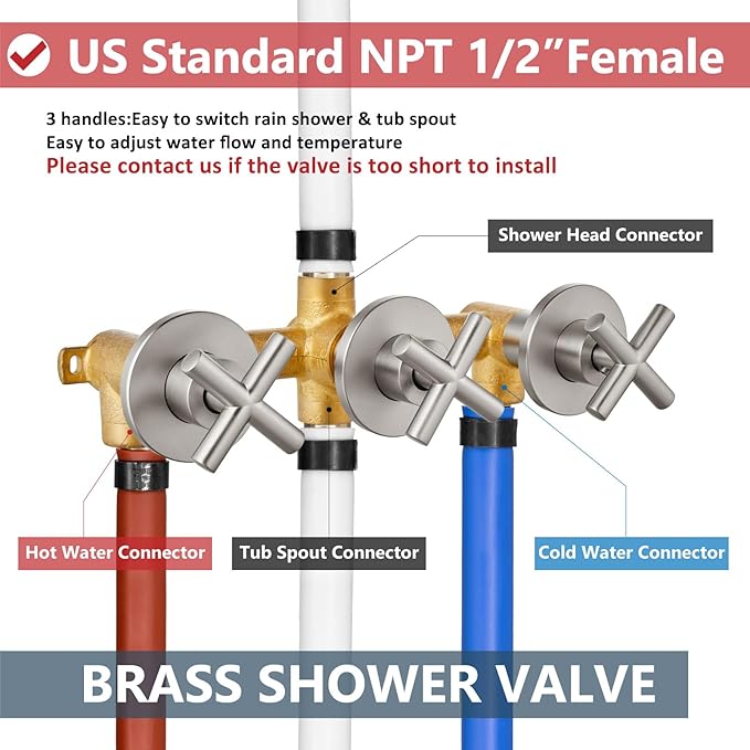 Aolemi 3 Handles Tub Shower Faucet Set with Valve Bathtub Combo Set Shower System Complete Trim Kit Wall Mounted Brushed Nickel
