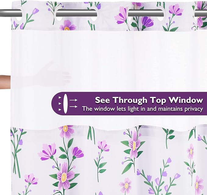 Lagute SnapHook Floral Shower Curtain with Snap-in Liner for Bathroom| No Hook Needed| Mesh Top Window| Machine Washable| Hotel Grade| 71Wx74L，Purple Bouquet