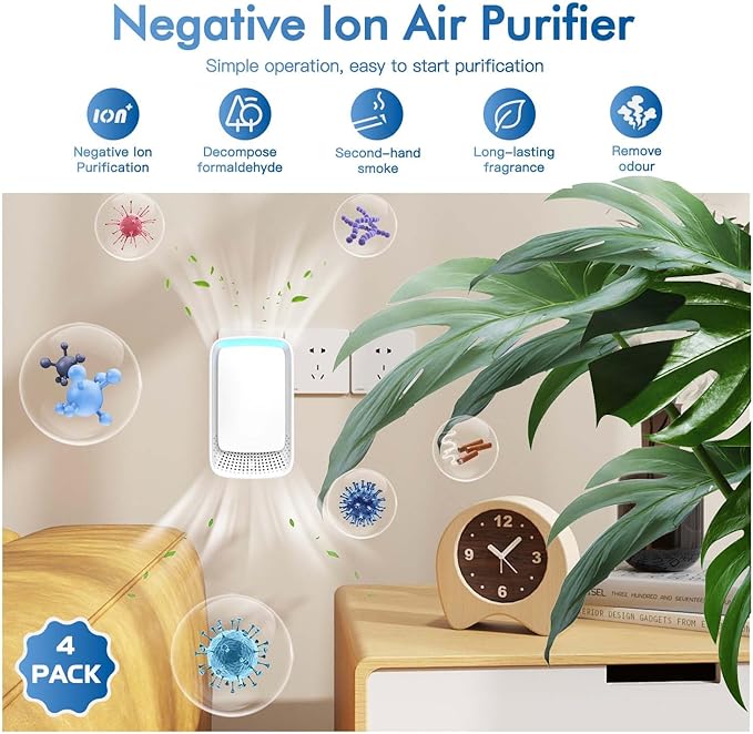 Plug-In Air Ionizer Air Purifier (4 Pack), Negative Ion Odor Neutralizer, Filterless & Portable Wall Outlet Air Freshener, Ultra Quiet 24/7 Operation for Home Bedroom Office Bathroom