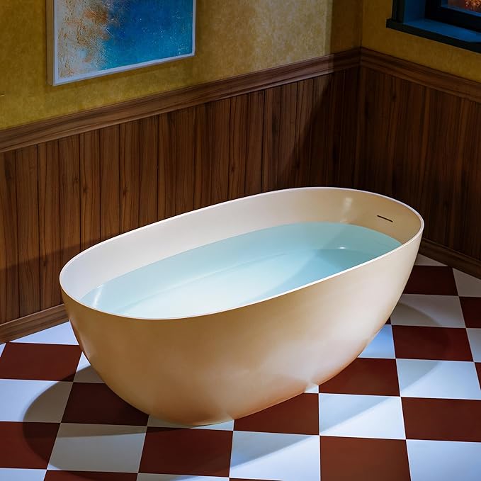 WOODBRIDGE 69" L x 32" W Stone Resin Luxury Contemporary Solid Surface Freestanding Soaking Bathtub in Cream with 2-Drain Covers Included